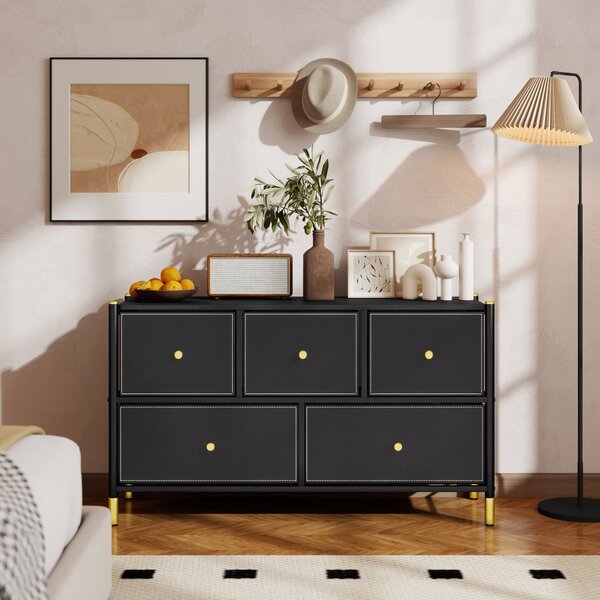 HOMCOM Chest of Drawers, 5 Drawer Fabric Dresser with PU Leather Surface, Steel Frame, Storage Organizer Unit for Bedroom Black Aosom UK