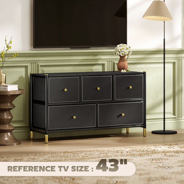 HOMCOM Chest of Drawers, 5 Drawer Fabric Dresser with PU Leather Surface, Steel Frame, Storage Organizer Unit for Bedroom Black Aosom UK
