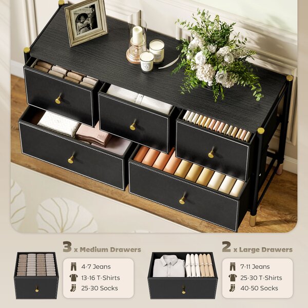 HOMCOM Chest of Drawers, 5 Drawer Fabric Dresser with PU Leather Surface, Steel Frame, Storage Organizer Unit for Bedroom Black Aosom UK