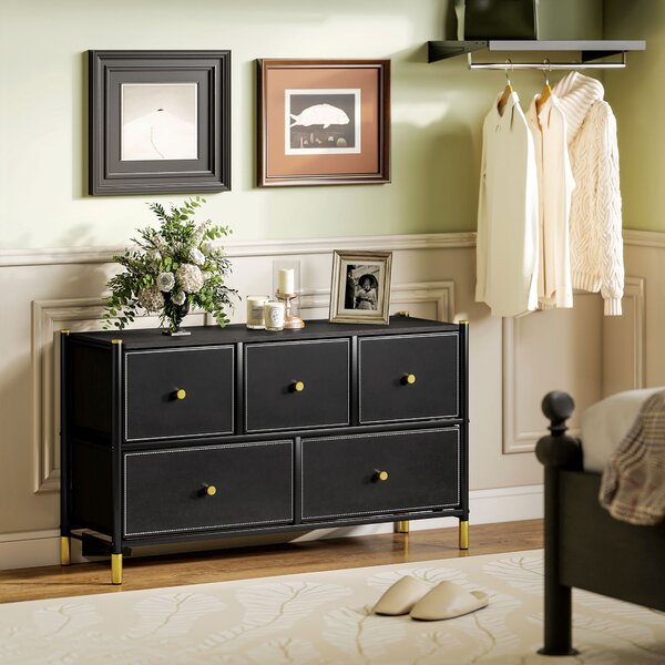HOMCOM Chest of Drawers, 5 Drawer Fabric Dresser with PU Leather Surface, Steel Frame, Storage Organizer Unit for Bedroom Black Aosom UK