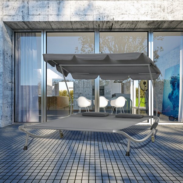 Outsunny Patio Double Hammock Sun Lounger Bed w/ Canopy Shelter, Wheels & 2 Pillows, Grey