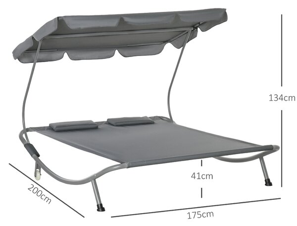 Outsunny Patio Double Hammock Sun Lounger Bed w/ Canopy Shelter, Wheels & 2 Pillows, Grey