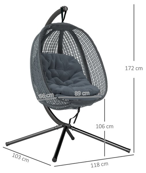 Outsunny Outdoor Swing Chair w/ Thick Padded Cushion, Patio Hanging Chair w/ Metal Stand, Foldable Basket, Cup Holder, Dark Grey