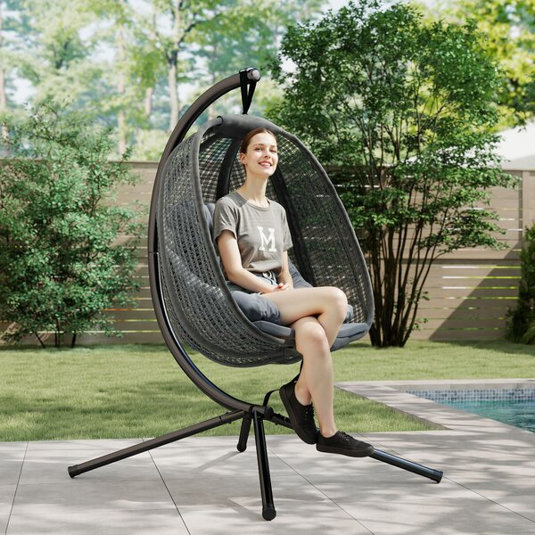 Outsunny Outdoor Swing Chair w/ Thick Padded Cushion, Patio Hanging Chair w/ Metal Stand, Foldable Basket, Cup Holder, Dark Grey