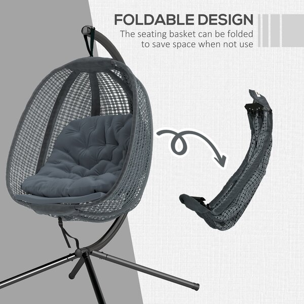 Outsunny Outdoor Swing Chair w/ Thick Padded Cushion, Patio Hanging Chair w/ Metal Stand, Foldable Basket, Cup Holder, Dark Grey