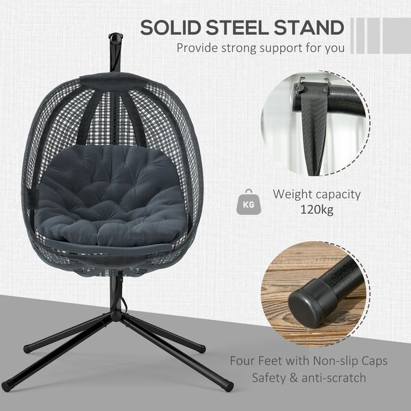 Outsunny Outdoor Swing Chair w/ Thick Padded Cushion, Patio Hanging Chair w/ Metal Stand, Foldable Basket, Cup Holder, Dark Grey