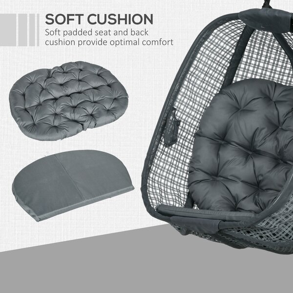 Outsunny Outdoor Swing Chair w/ Thick Padded Cushion, Patio Hanging Chair w/ Metal Stand, Foldable Basket, Cup Holder, Dark Grey