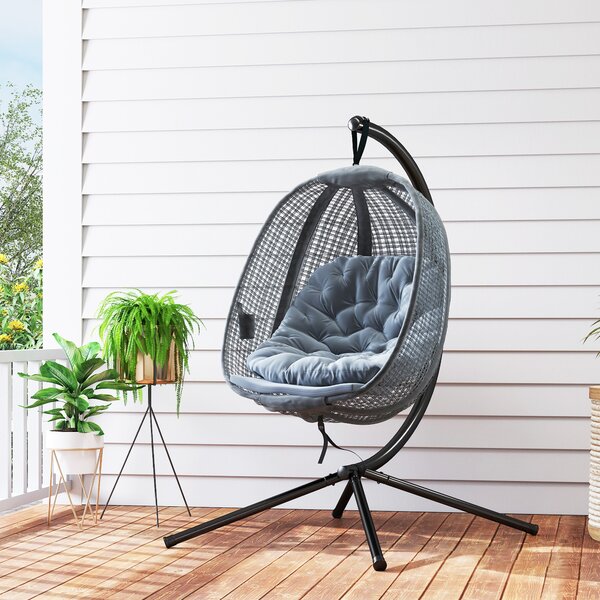 Outsunny Outdoor Swing Chair w/ Thick Padded Cushion, Patio Hanging Chair w/ Metal Stand, Foldable Basket, Cup Holder, Dark Grey