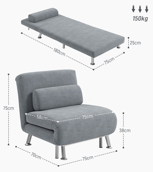 HOMCOM Single Sofa Bed, 1 Person Sleeper Foldable Lounge with Pillow, Grey Aosom UK