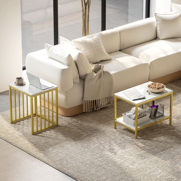 HOMCOM Modern Coffee Table Set of Two, Marble-Effect Nesting Side Tables with Steel Frame, Elegant Living Room Furniture, Gold Tone Aosom UK