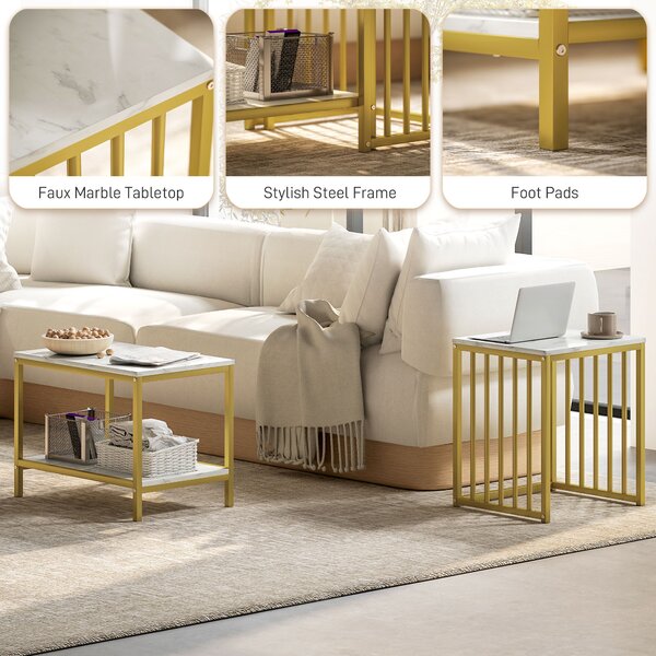HOMCOM Modern Coffee Table Set of Two, Marble-Effect Nesting Side Tables with Steel Frame, Elegant Living Room Furniture, Gold Tone Aosom UK