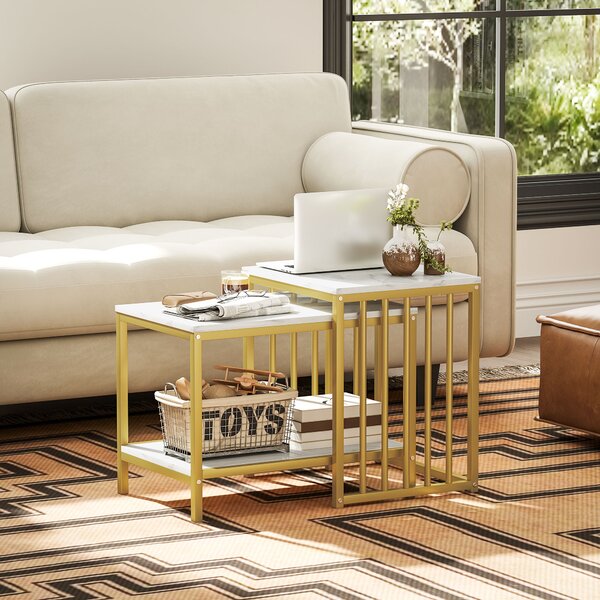 HOMCOM Modern Coffee Table Set of Two, Marble-Effect Nesting Side Tables with Steel Frame, Elegant Living Room Furniture, Gold Tone Aosom UK