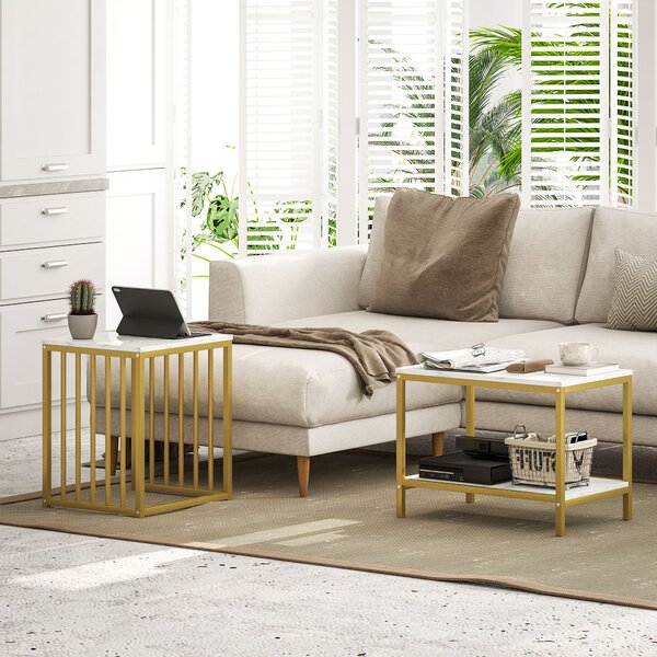 HOMCOM Modern Coffee Table Set of Two, Marble-Effect Nesting Side Tables with Steel Frame, Elegant Living Room Furniture, Gold Tone Aosom UK
