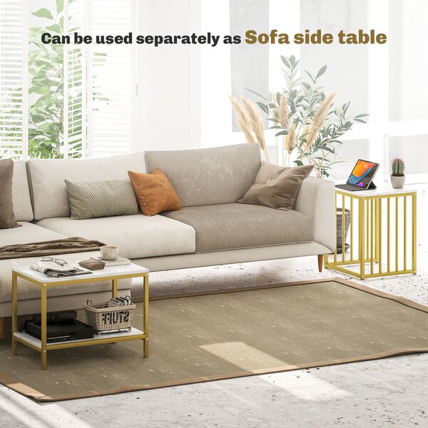 HOMCOM Modern Coffee Table Set of Two, Marble-Effect Nesting Side Tables with Steel Frame, Elegant Living Room Furniture, Gold Tone Aosom UK