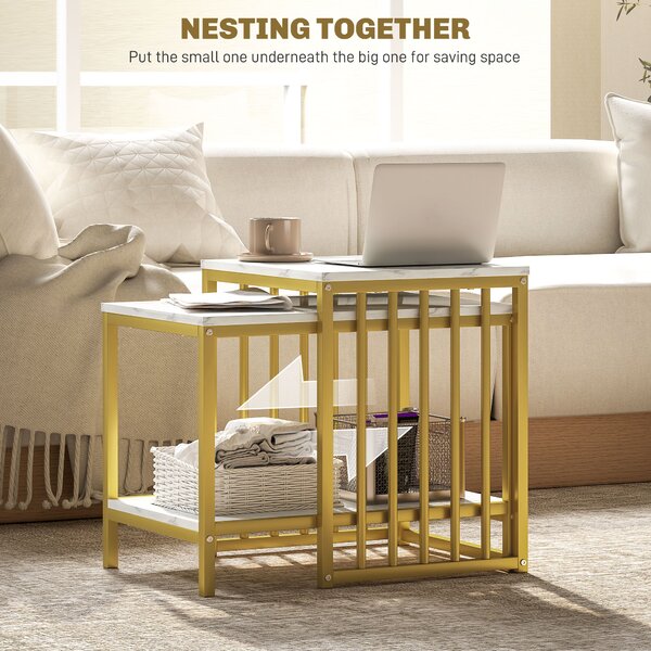 HOMCOM Modern Coffee Table Set of Two, Marble-Effect Nesting Side Tables with Steel Frame, Elegant Living Room Furniture, Gold Tone Aosom UK