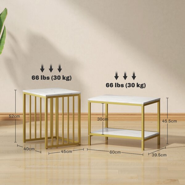 HOMCOM Modern Coffee Table Set of Two, Marble-Effect Nesting Side Tables with Steel Frame, Elegant Living Room Furniture, Gold Tone Aosom UK