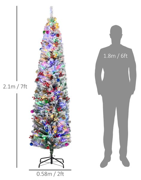 HOMCOM 7' Artificial Prelit Christmas Trees Holiday Décor with Colourful LED Lights, Flocked Tips, Berry, Pine Cone Aosom UK