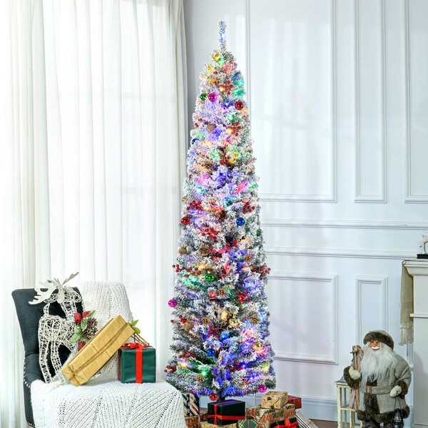 HOMCOM 7' Artificial Prelit Christmas Trees Holiday Décor with Colourful LED Lights, Flocked Tips, Berry, Pine Cone Aosom UK