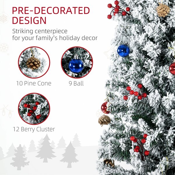 HOMCOM 7' Artificial Prelit Christmas Trees Holiday Décor with Colourful LED Lights, Flocked Tips, Berry, Pine Cone Aosom UK
