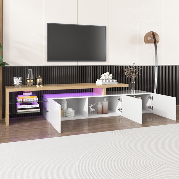 White TV Cabinet with Adjustable LED Light and Storage Shelves, TV Sideboard with High-Gloss Finish for Bedroom, 192.5x39x42 cm, White Aosom.UK