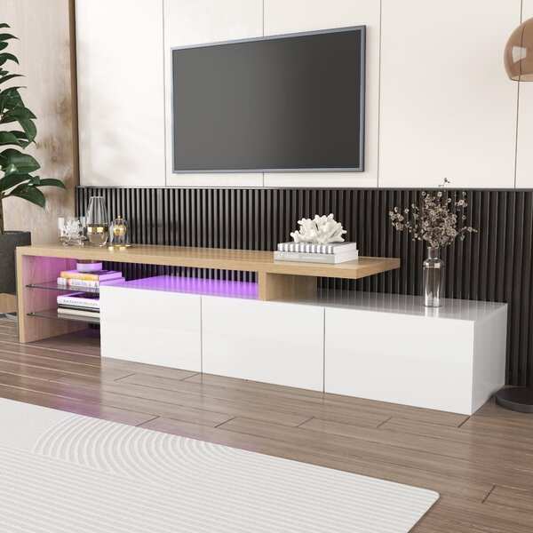 White TV Cabinet with Adjustable LED Light and Storage Shelves, TV Sideboard with High-Gloss Finish for Bedroom, 192.5x39x42 cm, White Aosom.UK