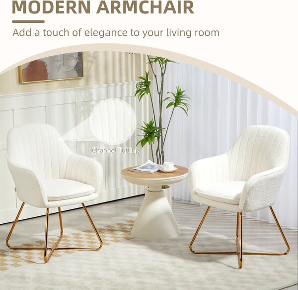 HOMCOM Modern Accent Chair Set of 2, Cashmere Tufted Armchair with Padded Seat, Occasional Bedroom Chair with Cross Steel Legs for Living Room, Cream White Aosom UK