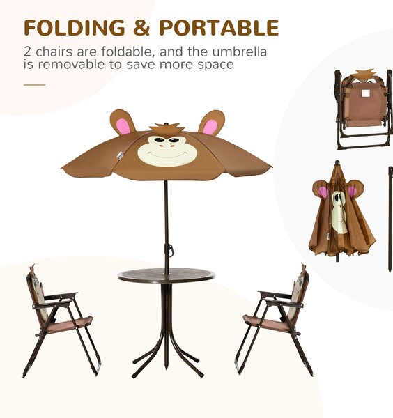 Outsunny Kids Picnic & Table Chair set, Outdoor Folding Garden Furniture w/ Removable, Adjustable Sun Umbrella, Ages 3-6 Years, Brown Aosom UK