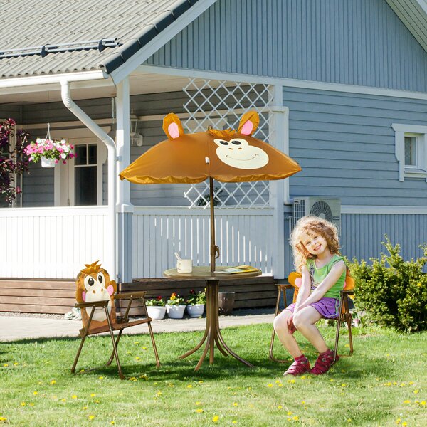 Outsunny Kids Picnic & Table Chair set, Outdoor Folding Garden Furniture w/ Removable, Adjustable Sun Umbrella, Ages 3-6 Years, Brown Aosom UK