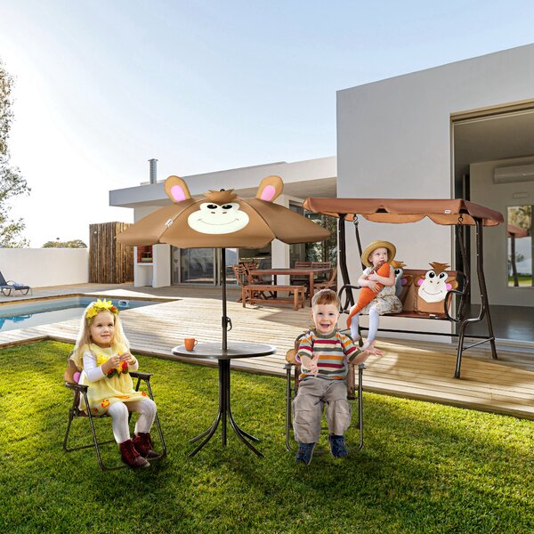 Outsunny Kids Picnic & Table Chair set, Outdoor Folding Garden Furniture w/ Removable, Adjustable Sun Umbrella, Ages 3-6 Years, Brown Aosom UK