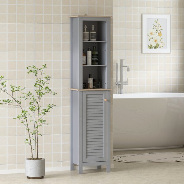 Kleankin Tall Linen Cabinet: Freestanding Bathroom Storage with 3-Tier Shelf & Cupboard, Slim Side Organiser, Grey Aosom UK
