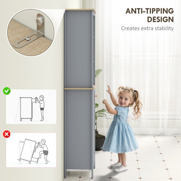 Kleankin Tall Linen Cabinet: Freestanding Bathroom Storage with 3-Tier Shelf & Cupboard, Slim Side Organiser, Grey Aosom UK