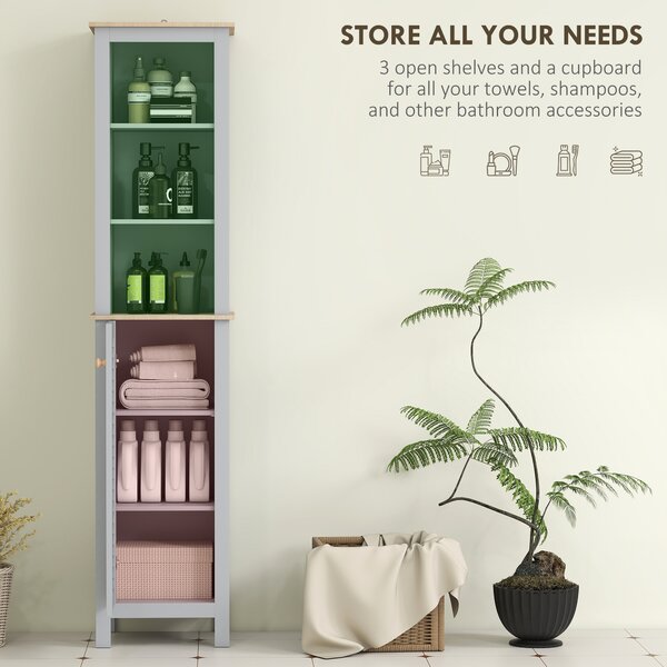 Kleankin Tall Linen Cabinet: Freestanding Bathroom Storage with 3-Tier Shelf & Cupboard, Slim Side Organiser, Grey Aosom UK