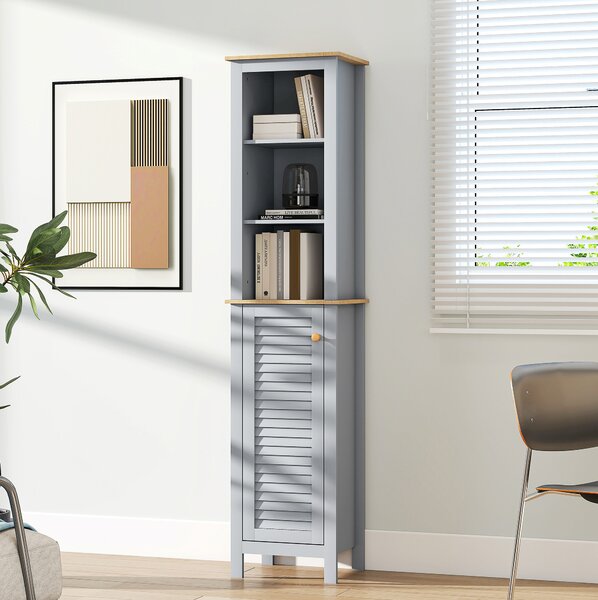 Kleankin Tall Linen Cabinet: Freestanding Bathroom Storage with 3-Tier Shelf & Cupboard, Slim Side Organiser, Grey Aosom UK