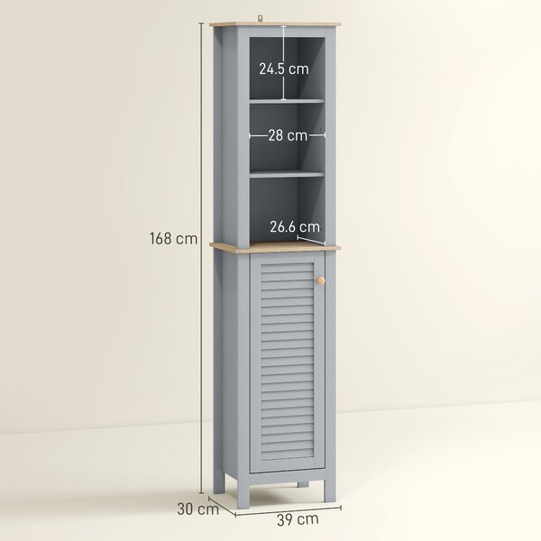 Kleankin Tall Linen Cabinet: Freestanding Bathroom Storage with 3-Tier Shelf & Cupboard, Slim Side Organiser, Grey Aosom UK