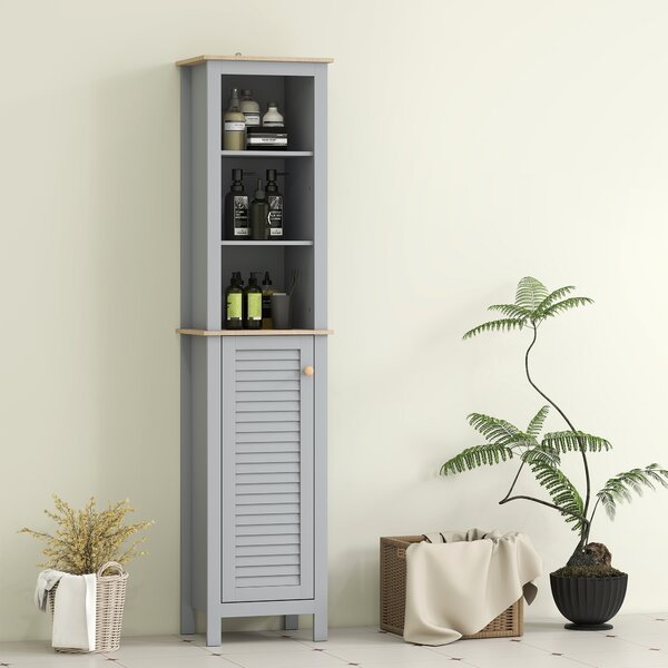 Kleankin Tall Linen Cabinet: Freestanding Bathroom Storage with 3-Tier Shelf & Cupboard, Slim Side Organiser, Grey Aosom UK