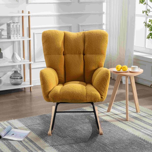 Teddy Fabric Nursery Room Rocking Chair with Padded Seat, Tufted Upholstered Modern Rocker for Garden, Living Room, 80x70x95 cm, Yellow Aosom.UK