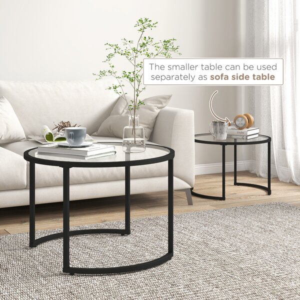 HOMCOM Round Coffee Table Nesting side Table Set of 2 Round Side Tables with Painted Steel Frame & Tempered Glass Surfaces, Black Aosom UK