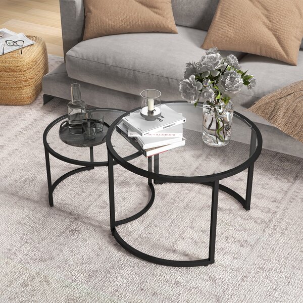 HOMCOM Round Coffee Table Nesting side Table Set of 2 Round Side Tables with Painted Steel Frame & Tempered Glass Surfaces, Black Aosom UK