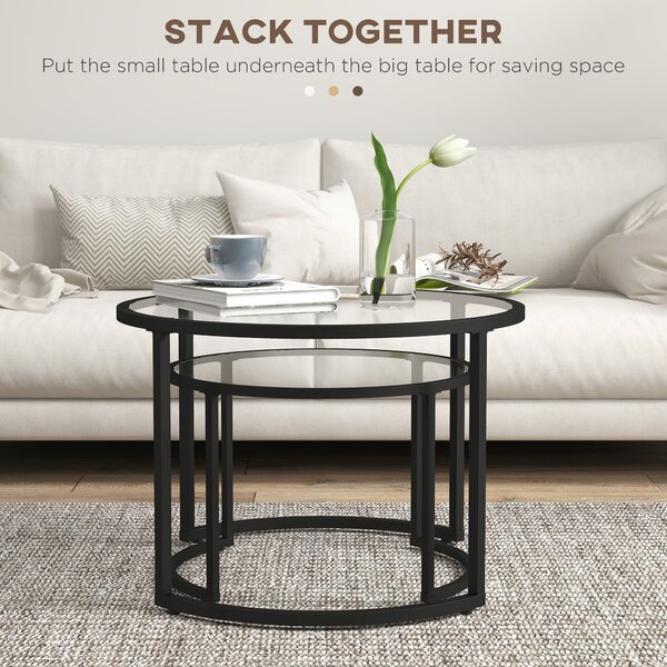 HOMCOM Round Coffee Table Nesting side Table Set of 2 Round Side Tables with Painted Steel Frame & Tempered Glass Surfaces, Black Aosom UK