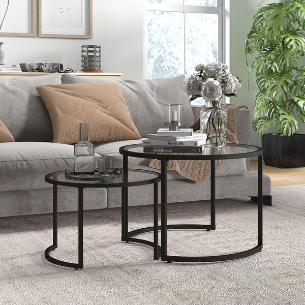 HOMCOM Round Coffee Table Nesting side Table Set of 2 Round Side Tables with Painted Steel Frame & Tempered Glass Surfaces, Black Aosom UK