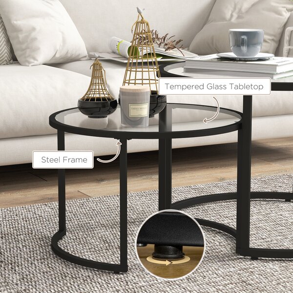 HOMCOM Round Coffee Table Nesting side Table Set of 2 Round Side Tables with Painted Steel Frame & Tempered Glass Surfaces, Black Aosom UK