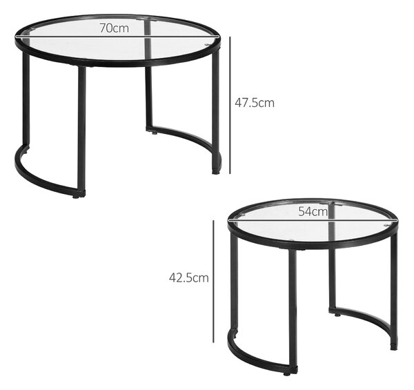 HOMCOM Round Coffee Table Nesting side Table Set of 2 Round Side Tables with Painted Steel Frame & Tempered Glass Surfaces, Black Aosom UK