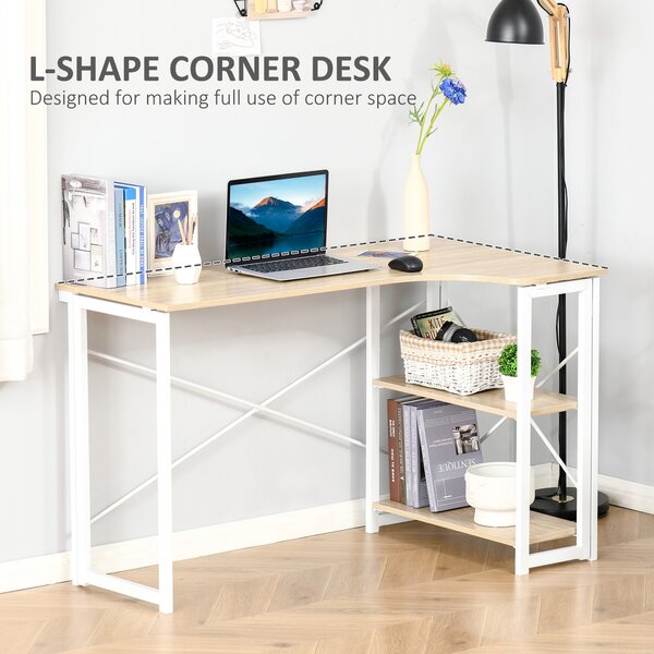HOMCOM Folding L-Shaped Computer Desk, Oak Tone Corner Home Office Study Workstation with 2 Shelves Aosom UK