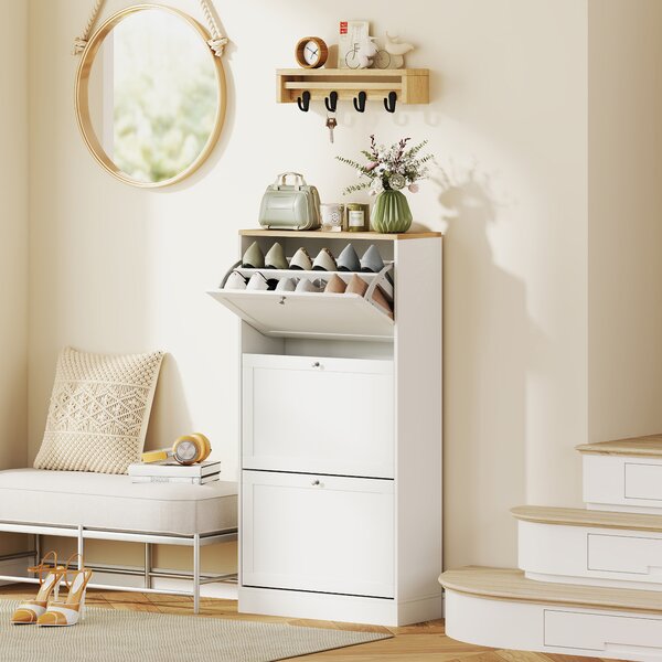 HOMCOM Shoe Cabinet with 3 Flip Drawers, Narrow Shoe Storage Cabinet for 18 Pairs, Freestanding Slim Shoe Rack for Entryway, Hallway, White Aosom UK