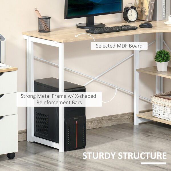 HOMCOM Folding L-Shaped Computer Desk, Oak Tone Corner Home Office Study Workstation with 2 Shelves Aosom UK