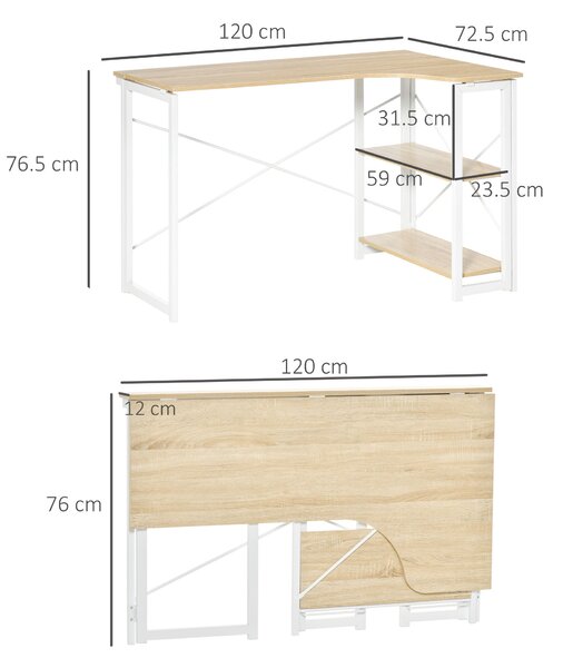 HOMCOM Folding L-Shaped Computer Desk, Oak Tone Corner Home Office Study Workstation with 2 Shelves Aosom UK