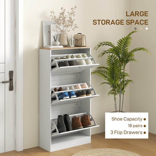 HOMCOM Shoe Cabinet with 3 Flip Drawers, Narrow Shoe Storage Cabinet for 18 Pairs, Freestanding Slim Shoe Rack for Entryway, Hallway, White Aosom UK