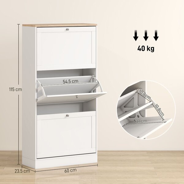 HOMCOM Shoe Cabinet with 3 Flip Drawers, Narrow Shoe Storage Cabinet for 18 Pairs, Freestanding Slim Shoe Rack for Entryway, Hallway, White Aosom UK