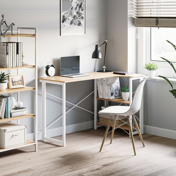 HOMCOM Folding L-Shaped Computer Desk, Oak Tone Corner Home Office Study Workstation with 2 Shelves Aosom UK