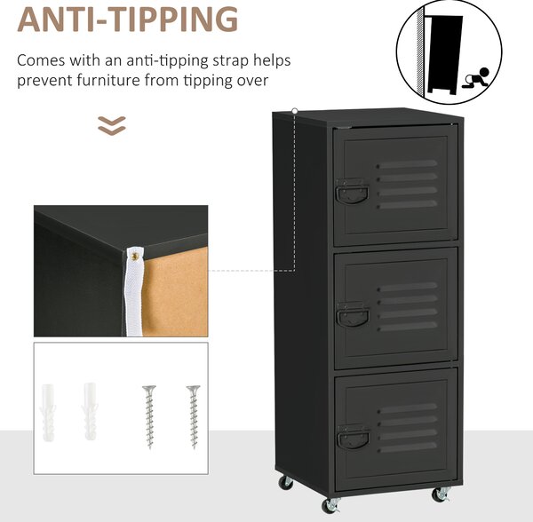 HOMCOM Rolling Storage Cabinet 3-Tier Mobile File Cabinet with Wheels & Metal Doors for Home Office, Living Room, Black Aosom UK